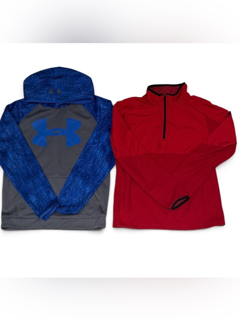 Under Armour Blue & Gray Hooded Pullover with Red Quarter-Zip Top - Kids size L